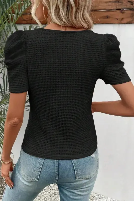 Black Waffle Knit Ruched Puff Sleeve Top - Fashionfitz