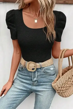 Black Waffle Knit Ruched Puff Sleeve Top - Fashionfitz