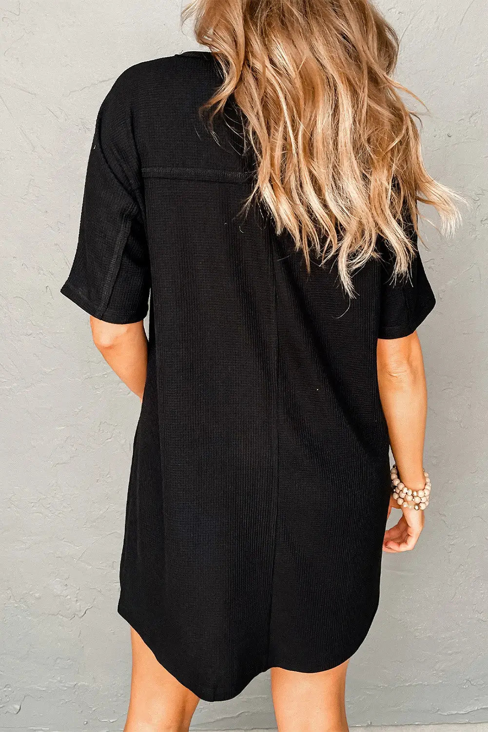 Black waffle knit t-shirt dress with pockets - dresses