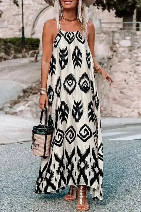 White Aztec Print Western Sundress with black tribal patterns, styled with sandals and a straw hat for summer streetwear.
