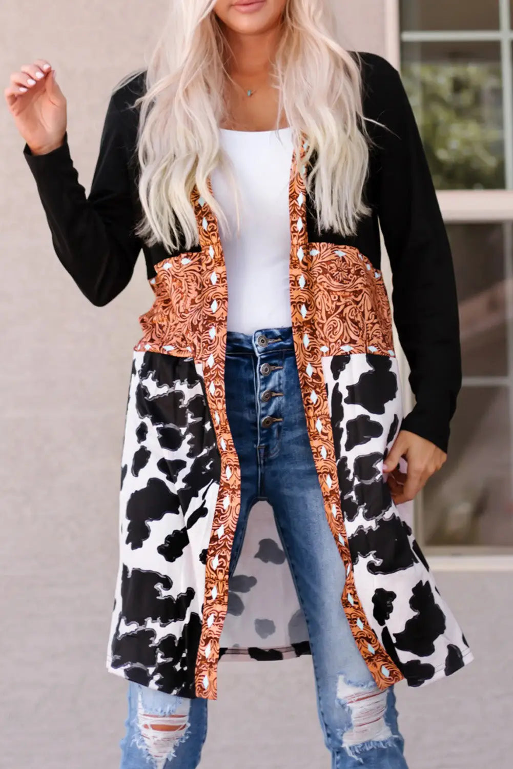 Black western pattern cow patchwork open front cardigan - s / 95% polyester + 5% elastane - sweaters & cardigans