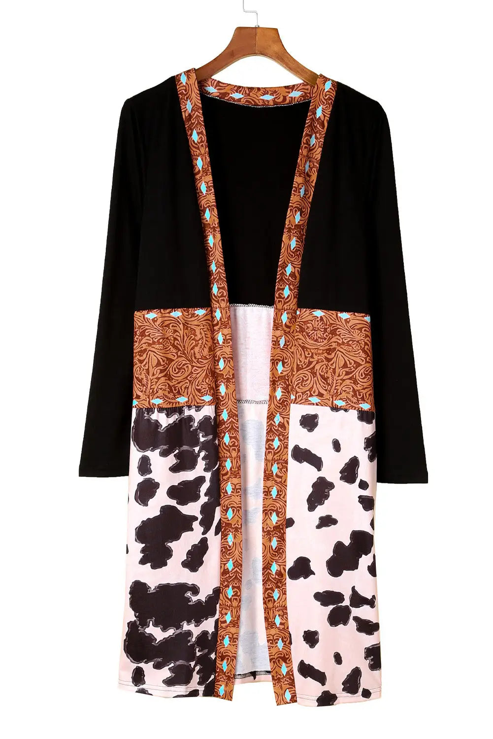 Black western pattern cow patchwork open front cardigan - sweaters & cardigans