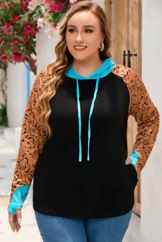 Black western print color block plus size hoodie - 5x / 60% polyester + 35% viscose + 5% elastane