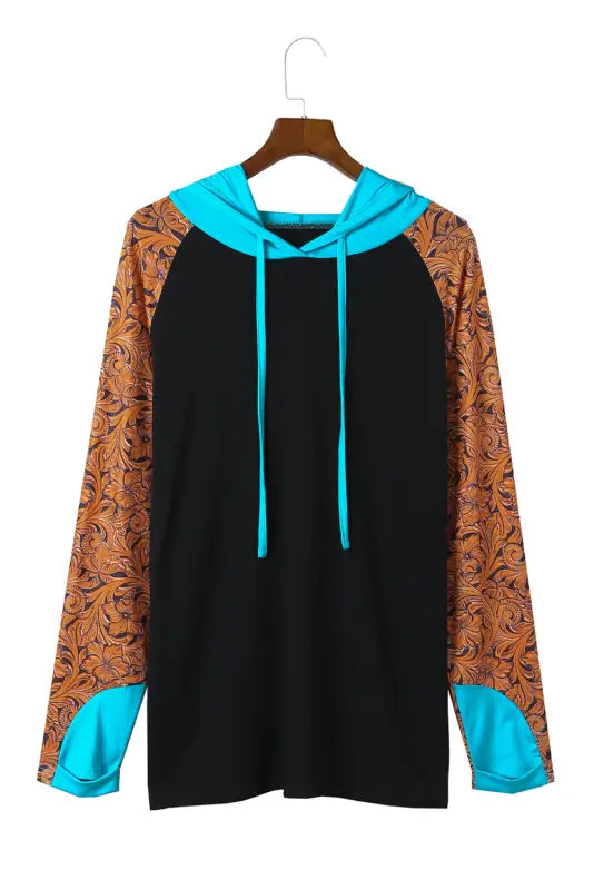 Black western print color block plus size hoodie - 5x / 60% polyester + 35% viscose + 5% elastane