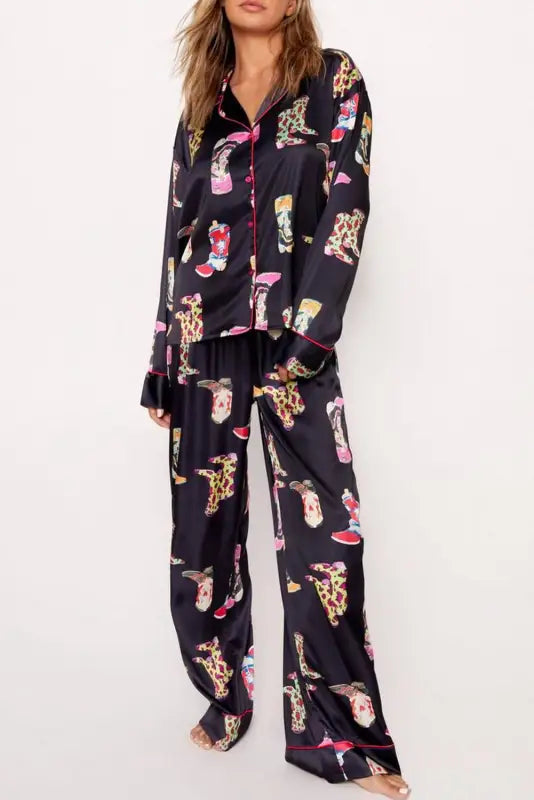 Black western satin long pajama set loungewear & sleepwear/sleepwear