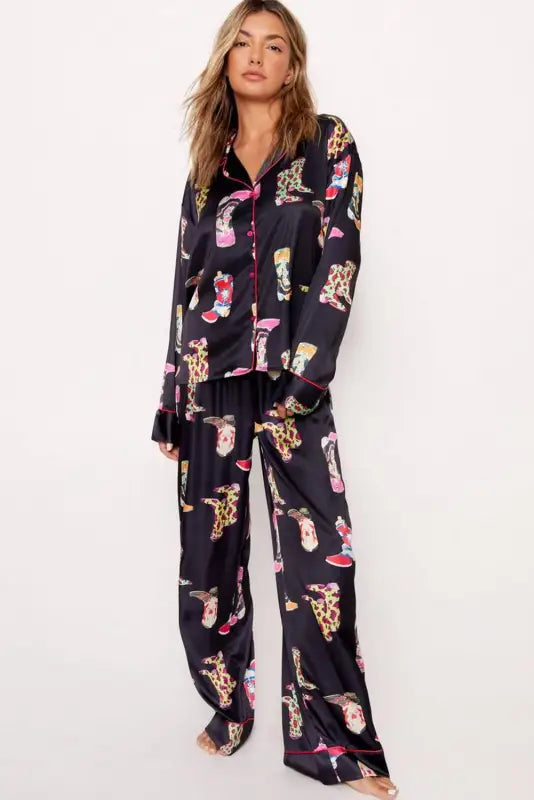 Black western satin long pajama set loungewear & sleepwear/sleepwear