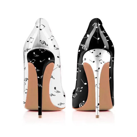 Black and white stiletto pumps front view showing pointed toe and contrast upper Fashionfitz UK