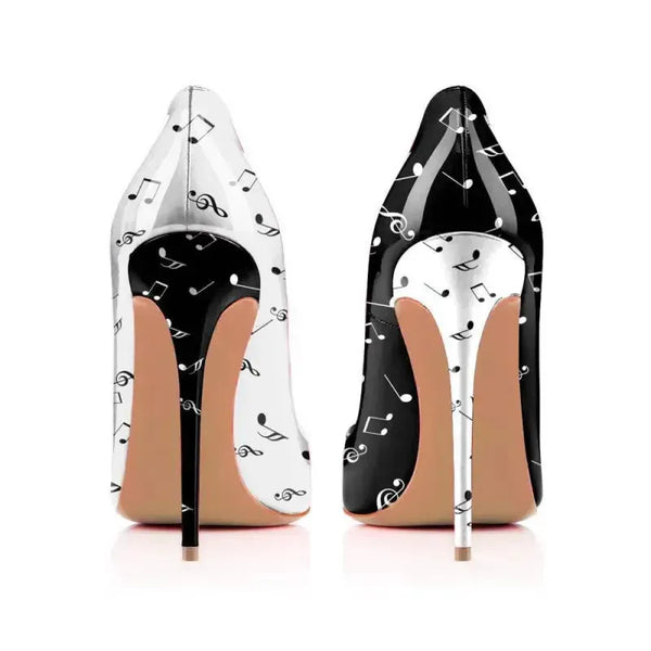 Black and white stiletto pumps front view showing pointed toe and contrast upper Fashionfitz UK