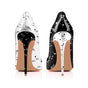 Black and white stiletto pumps front view showing pointed toe and contrast upper Fashionfitz UK
