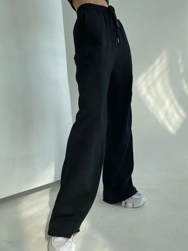 Black wide leg sweatpants casual trousers - s