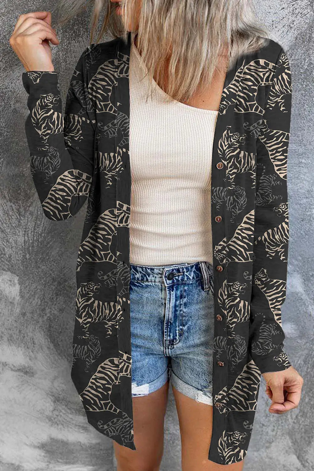 Black wild tiger print button front cardigan - s / 80% cotton + 20% polyester - sweaters & cardigans
