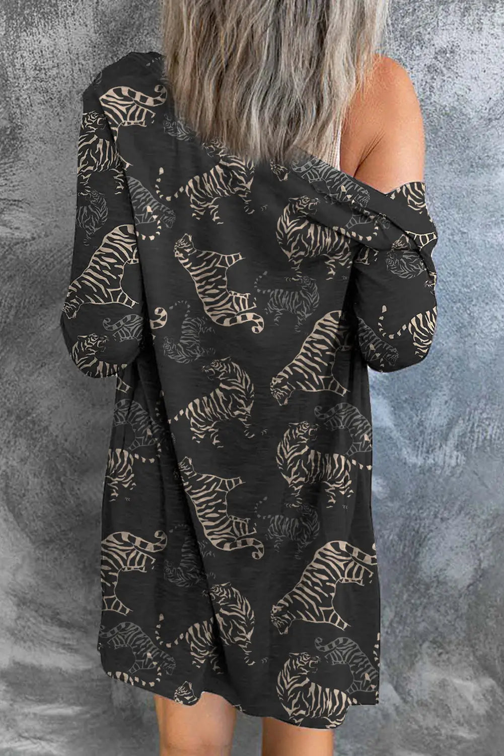 Black wild tiger print button front cardigan - sweaters & cardigans