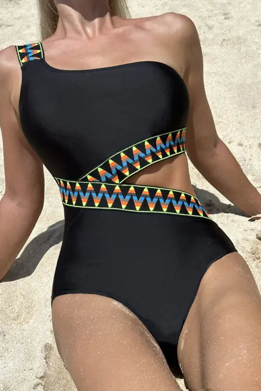 Black zigzag accent cutout one shoulder teddy swimwear - piece swimsuits