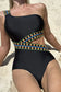 Black zigzag accent cutout one shoulder teddy swimwear - piece swimsuits