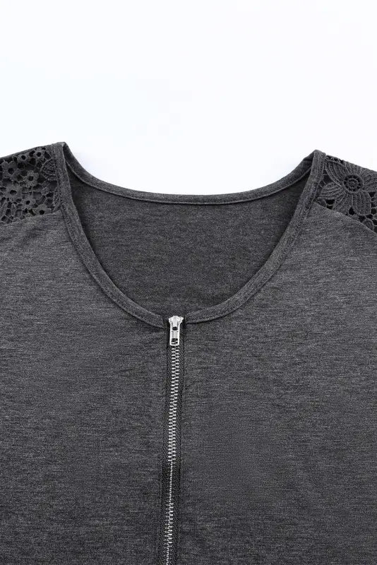 Black zip neck lace splicing tee - t-shirts