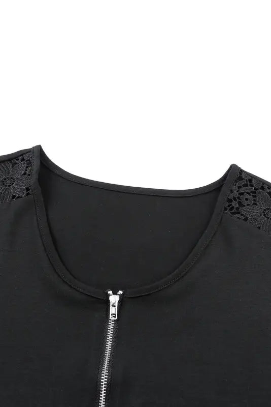 Black zip neck lace splicing tee - t-shirts