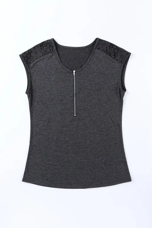 Black zip neck lace splicing tee - t-shirts