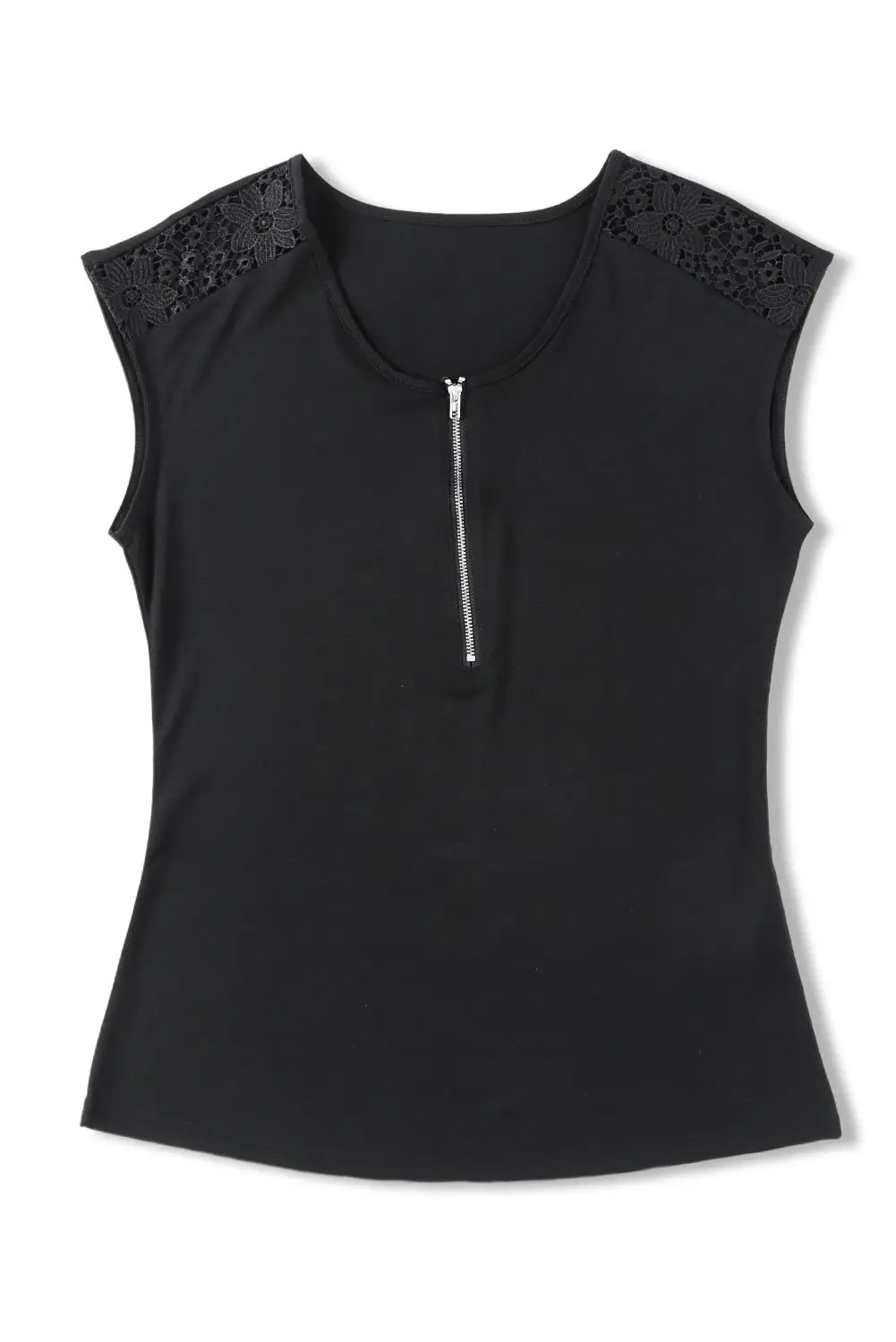 Black zip neck lace splicing tee - t-shirts