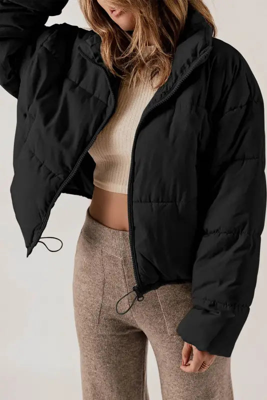 Black zip up drawstring hem puffer coat - coats