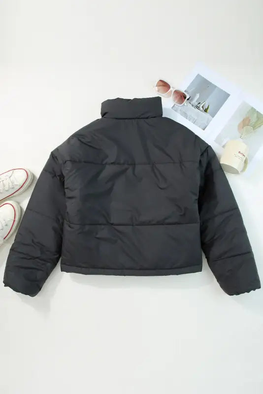 Black zip up drawstring hem puffer coat - coats