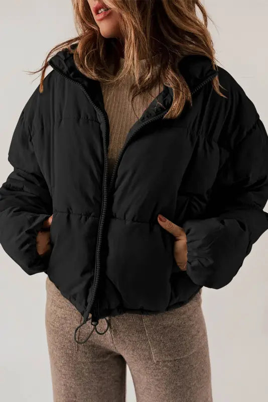 Black zip up drawstring hem puffer coat - coats