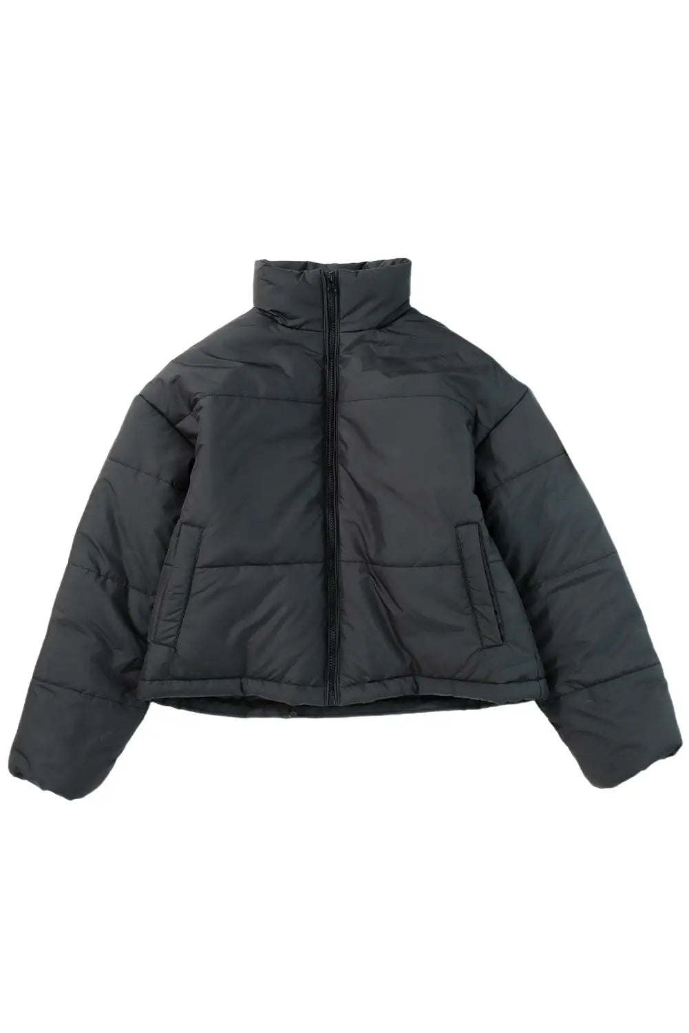 Black zip up drawstring hem puffer coat - coats