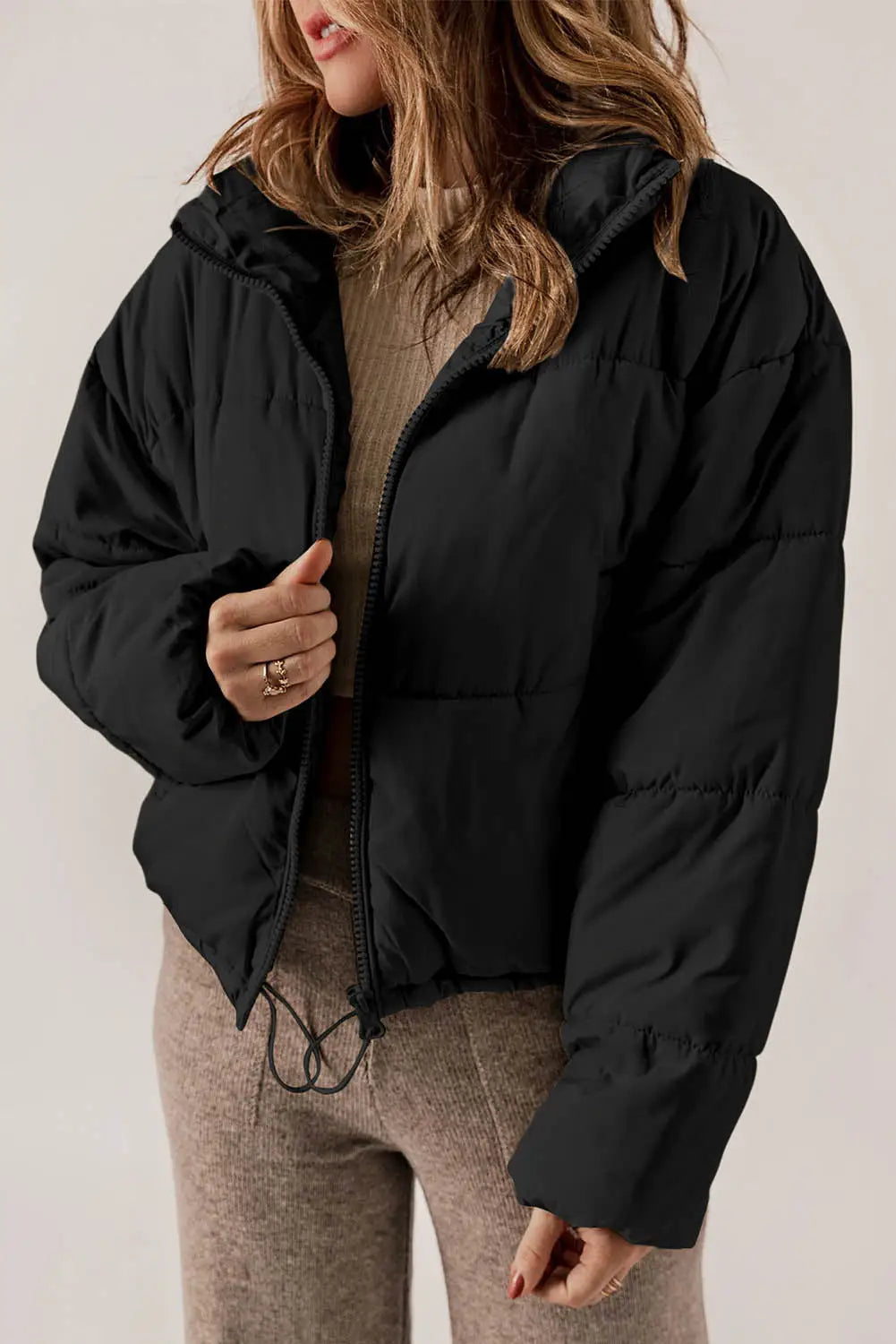 Black zip up drawstring hem puffer coat - s / 100% polyester - coats