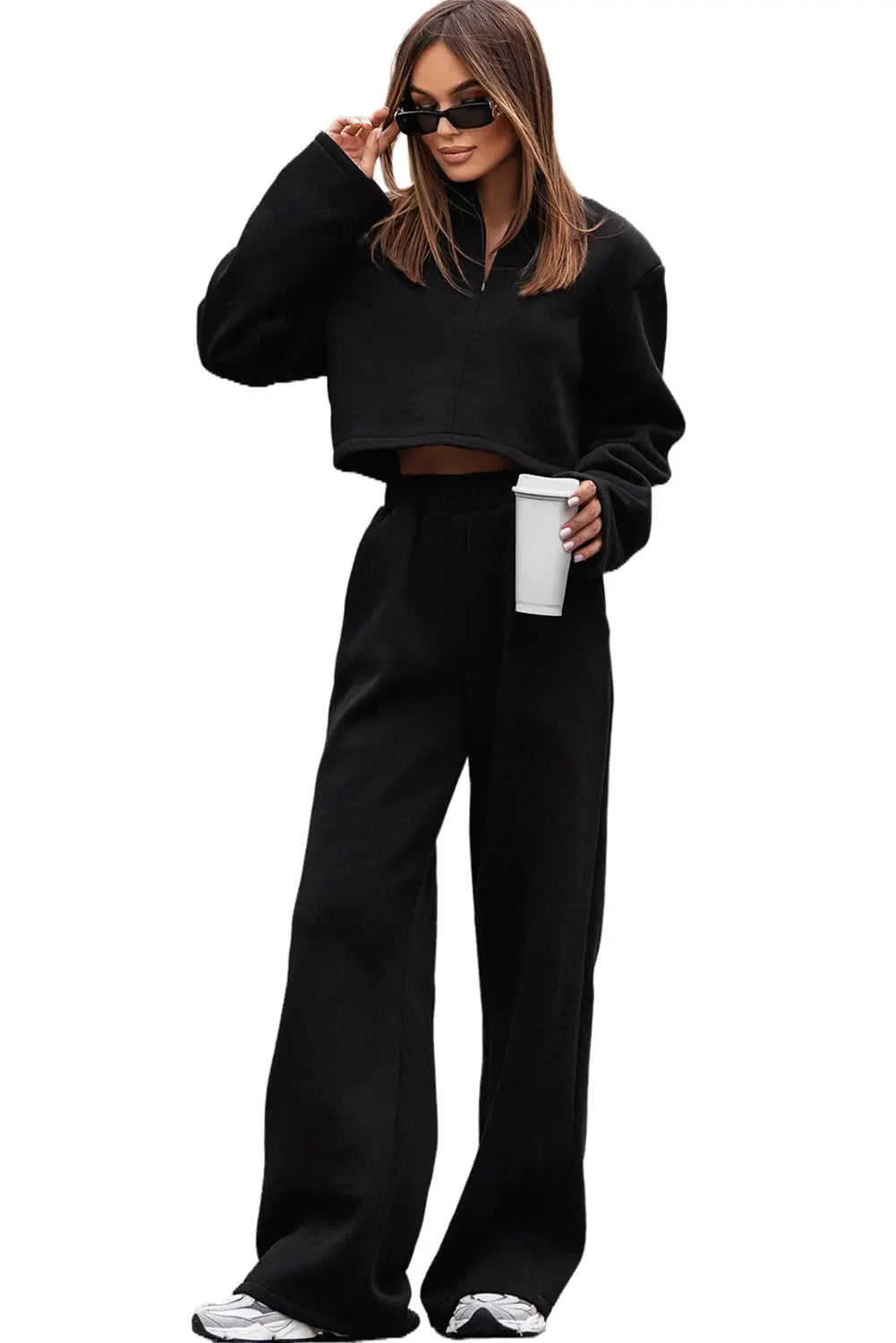 Black zipped collared crop top and wide leg pants set - sets