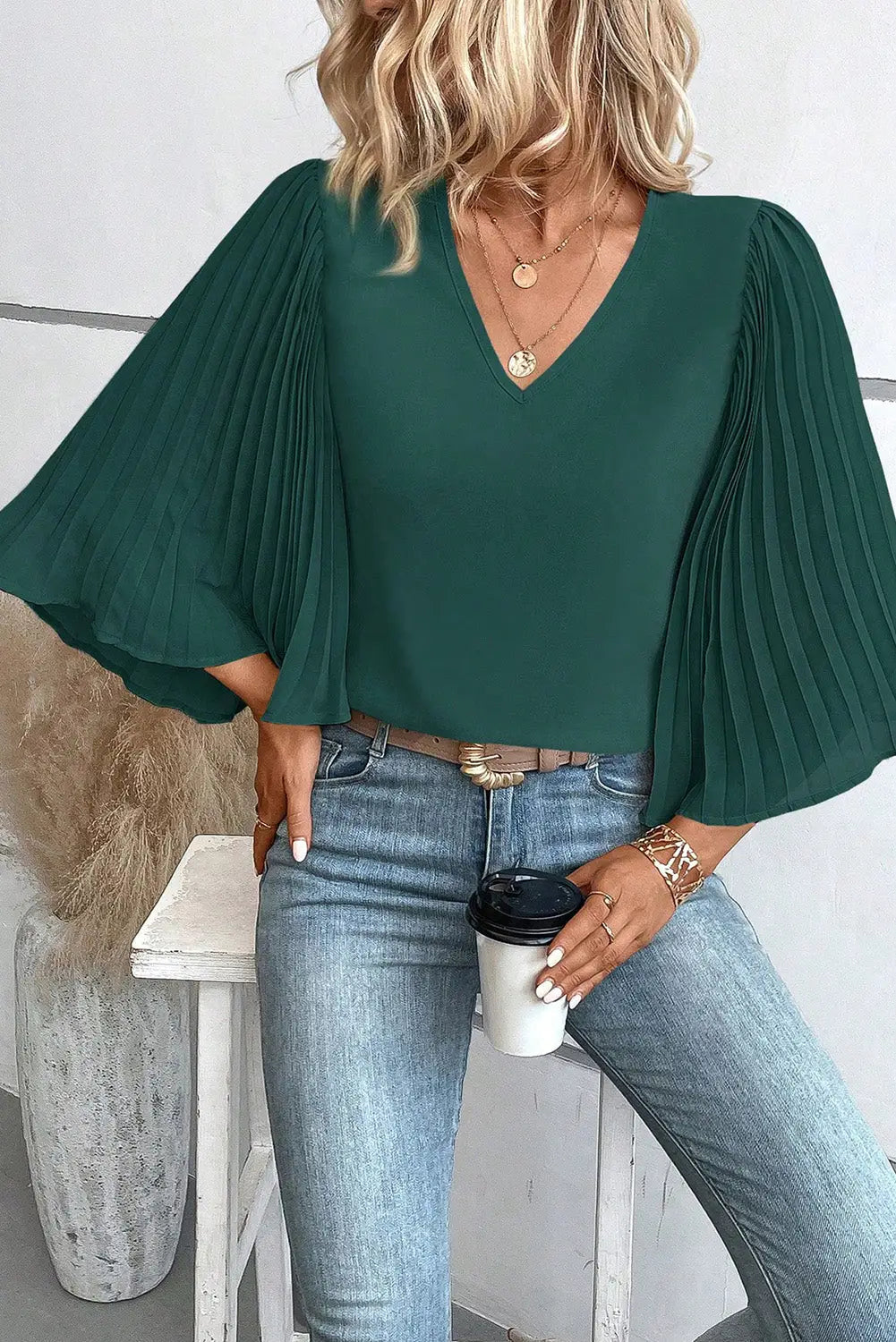 Blackish green 3/4 pleated bell sleeve v neck blouse - blouses & shirts