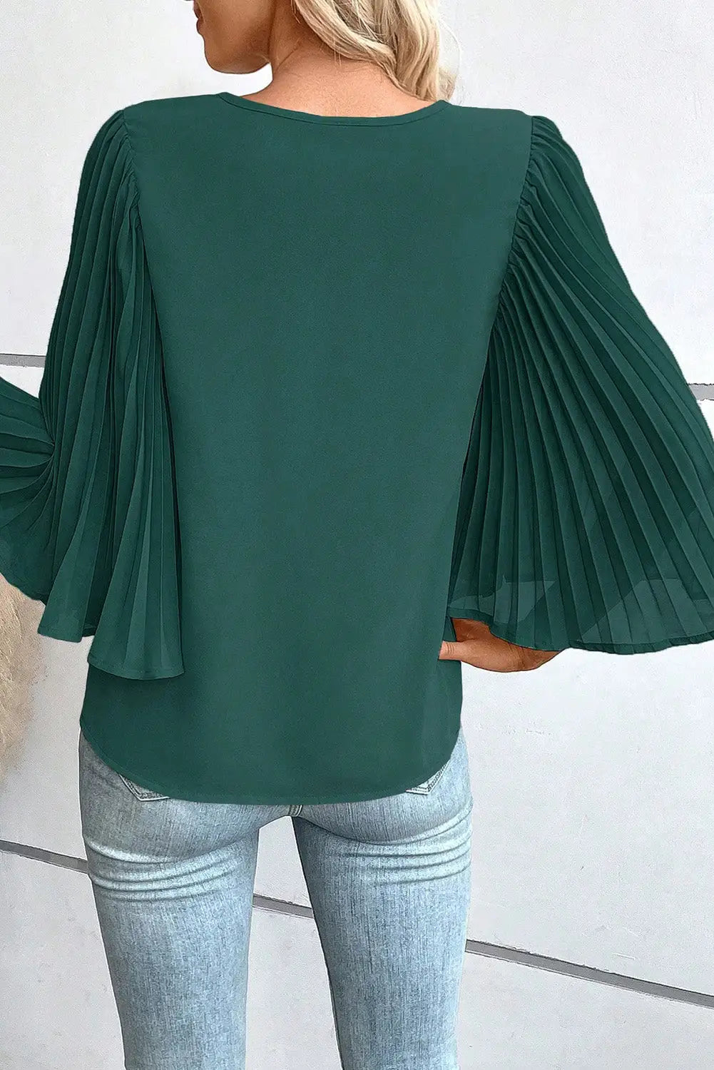 Blackish green 3/4 pleated bell sleeve v neck blouse - blouses & shirts