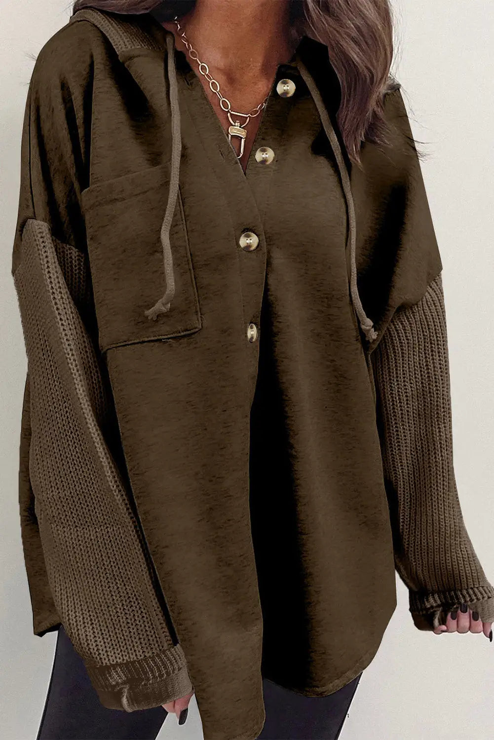 Blackish green button up contrast knitted sleeves hooded jacket - dark brown / s / 80% polyester + 20% cotton - shackets