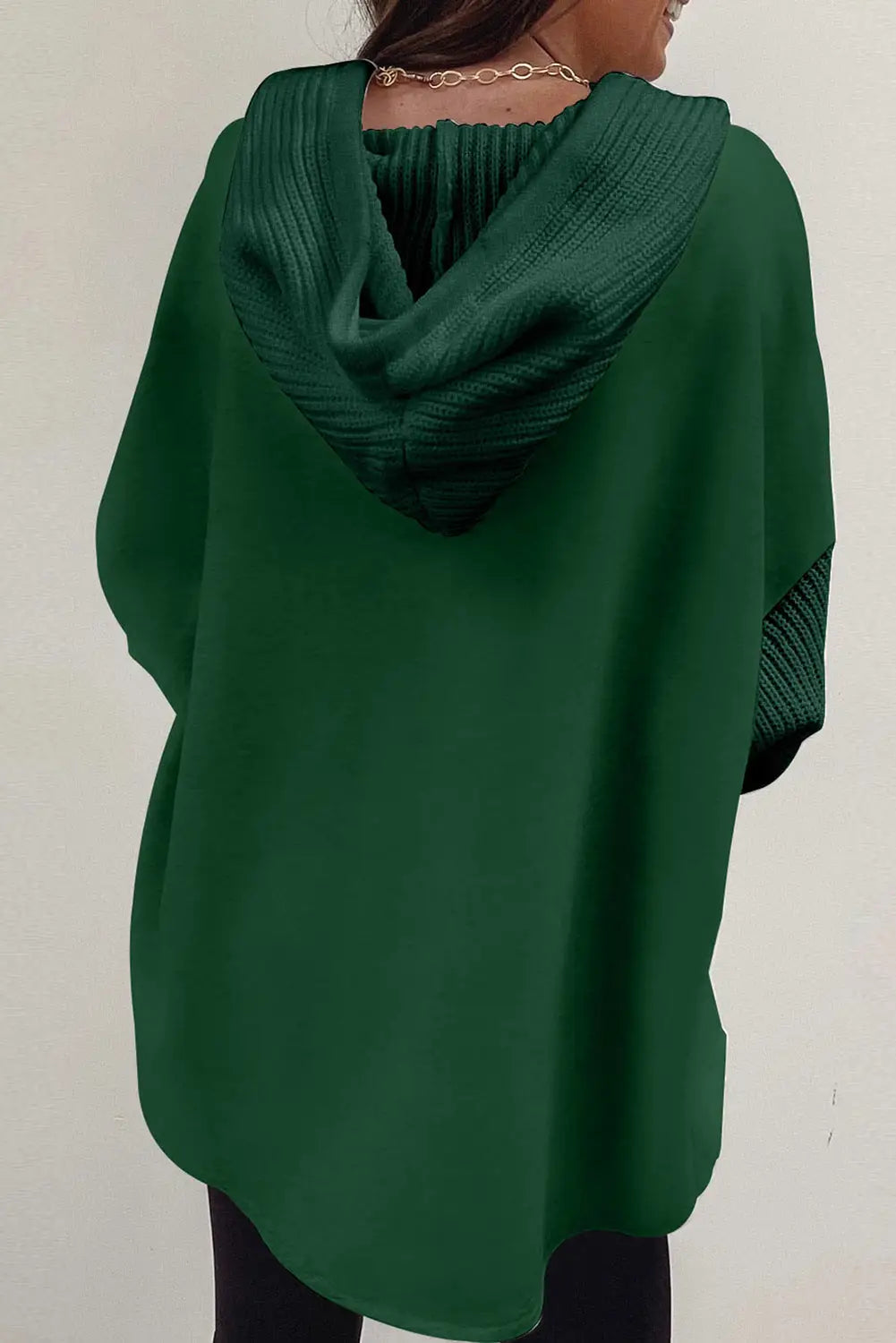 Blackish green button up contrast knitted sleeves hooded jacket - shackets