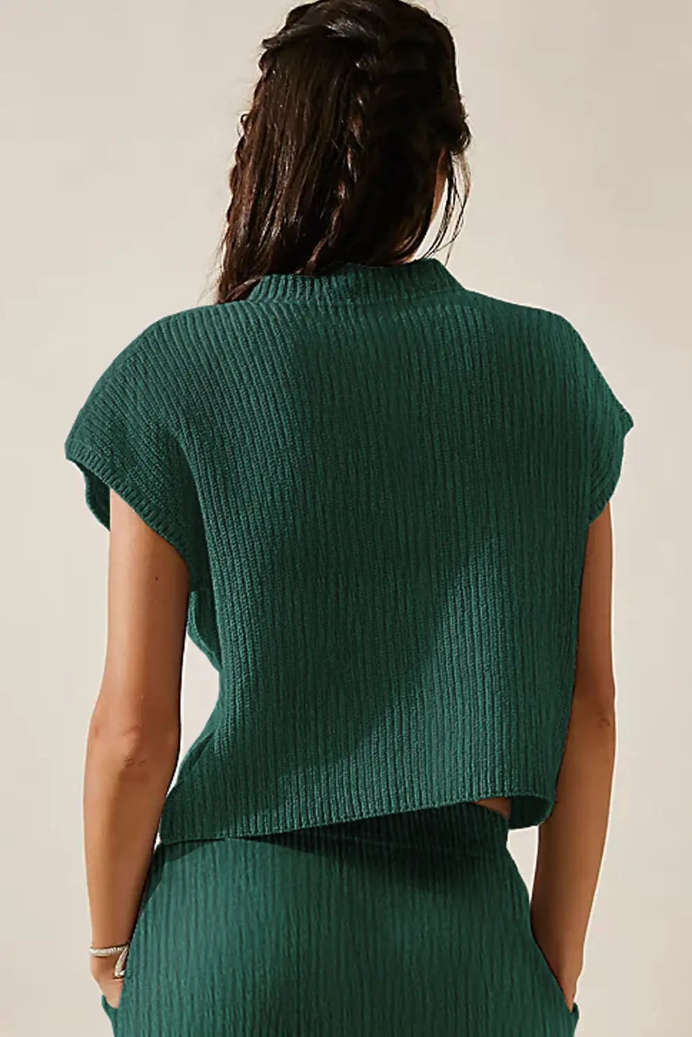 Blackish green chest pocket v neck ribbed cap sleeve sweater - sweaters & cardigans