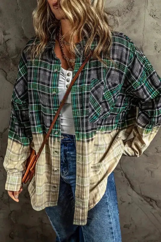 Blackish Green Contrast Plaid Patchwork Chest Pocket Button up Shacket - Fashionfitz