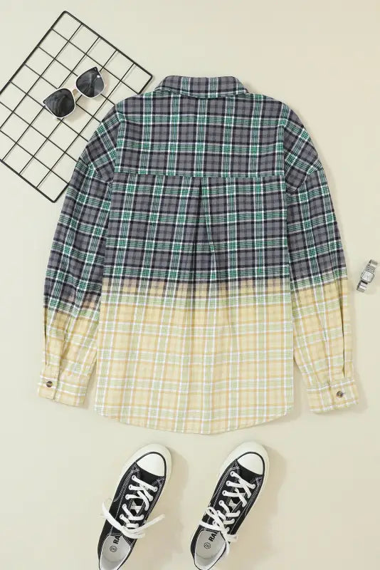 Blackish green contrast plaid patchwork chest pocket button up shacket - shackets