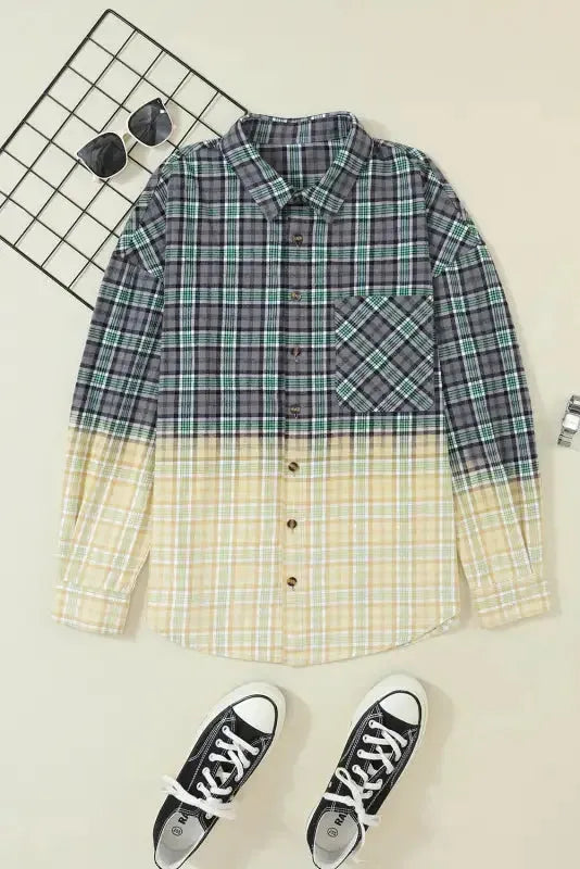 Blackish Green Contrast Plaid Patchwork Chest Pocket Button up Shacket - Fashionfitz