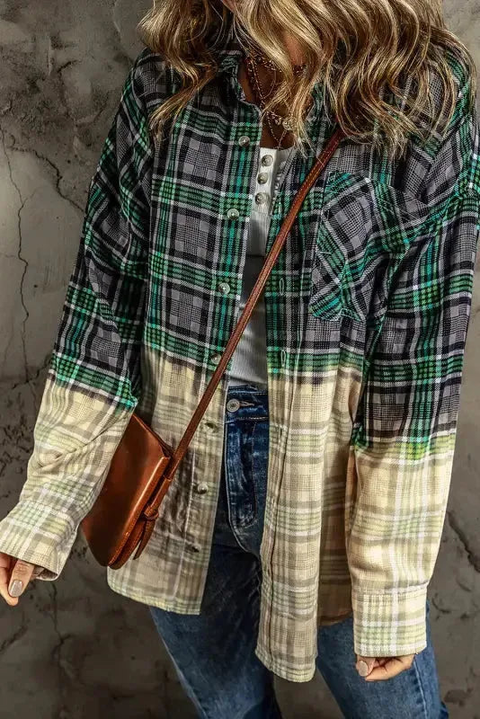 Blackish Green Contrast Plaid Patchwork Chest Pocket Button up Shacket - Fashionfitz