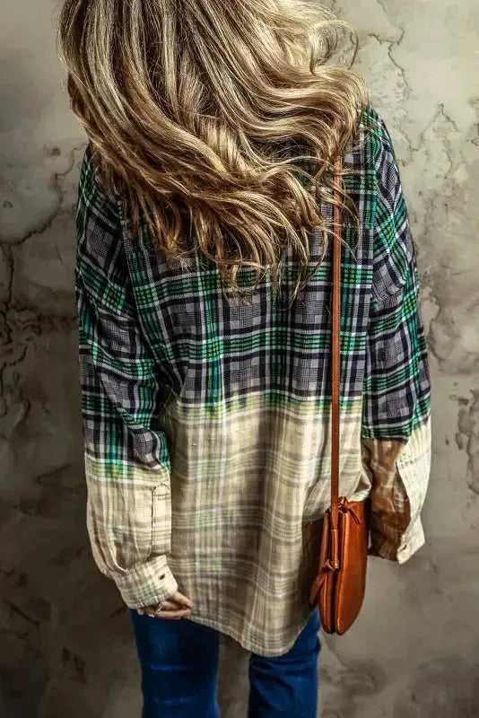 Blackish Green Contrast Plaid Patchwork Chest Pocket Button up Shacket - Fashionfitz