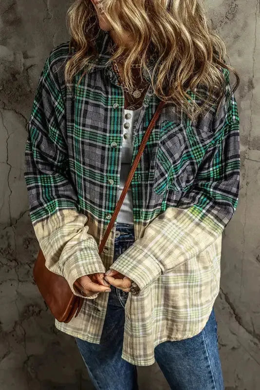 Blackish Green Contrast Plaid Patchwork Chest Pocket Button up Shacket - Fashionfitz