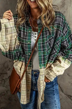Blackish Green Contrast Plaid Patchwork Chest Pocket Button up Shacket - Fashionfitz