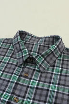 Blackish Green Contrast Plaid Patchwork Chest Pocket Button up Shacket - Fashionfitz