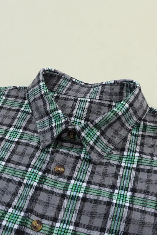 Blackish green contrast plaid patchwork chest pocket button up shacket - shackets