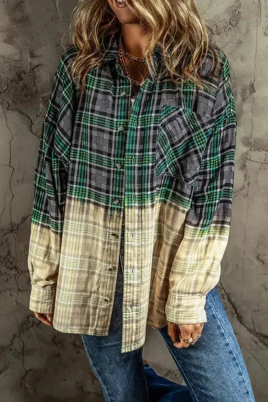 Blackish Green Contrast Plaid Patchwork Chest Pocket Button up Shacket - Fashionfitz