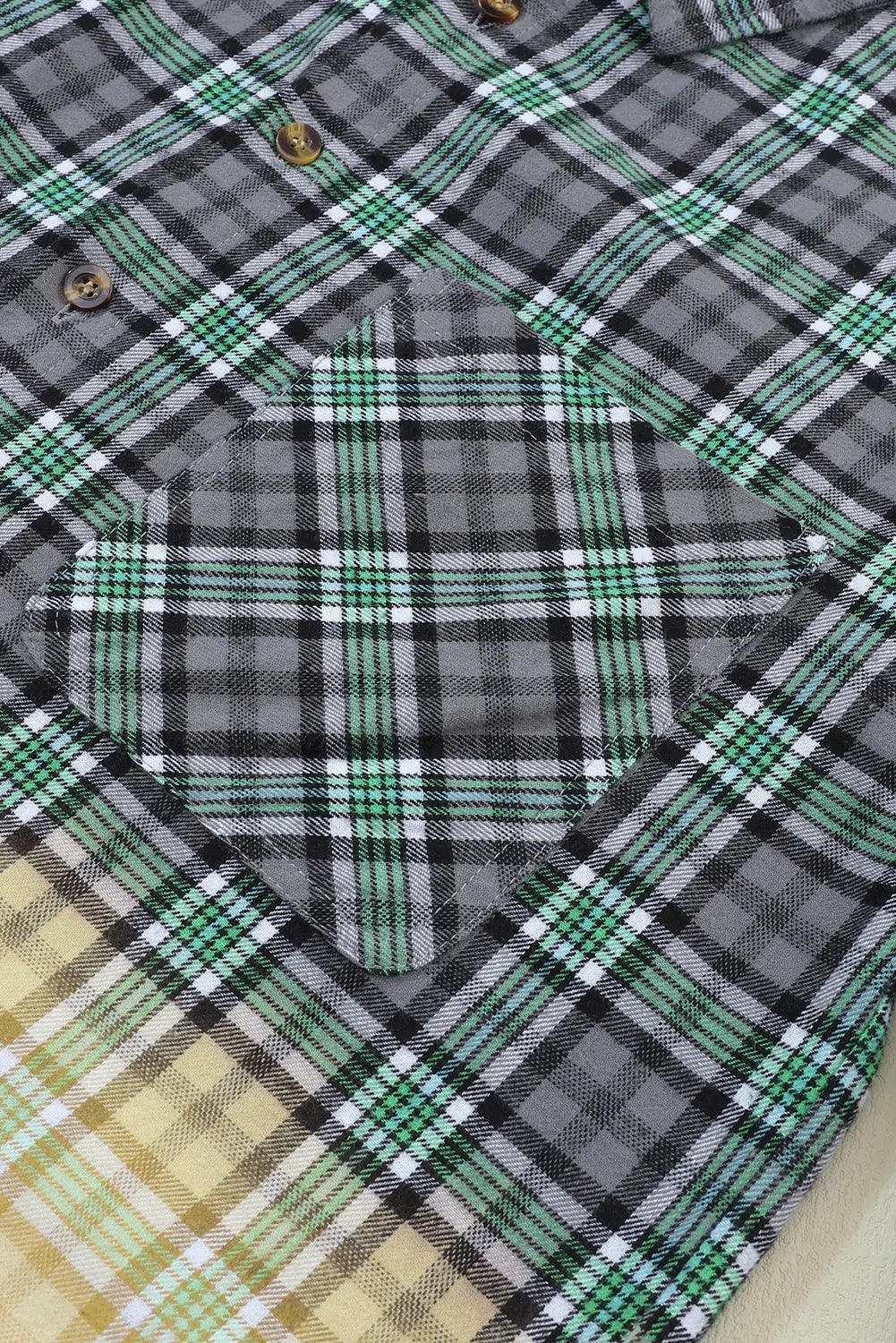 Blackish green contrast plaid patchwork chest pocket button up shacket - shackets