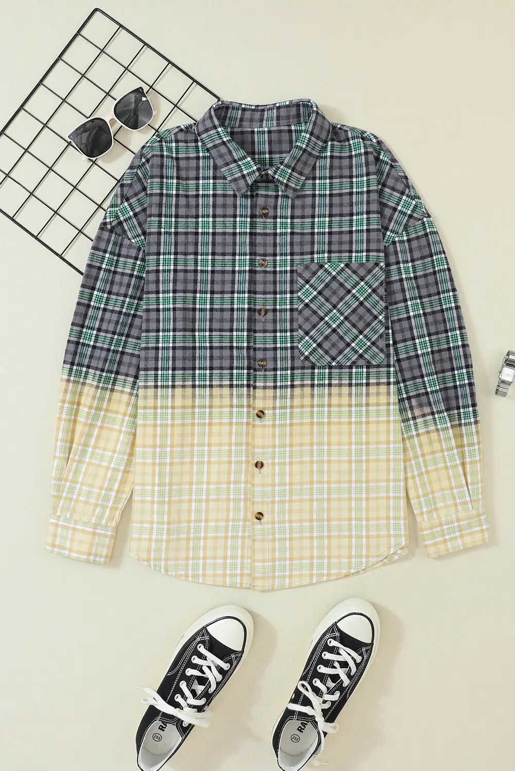 Blackish green contrast plaid patchwork chest pocket button up shacket - shackets