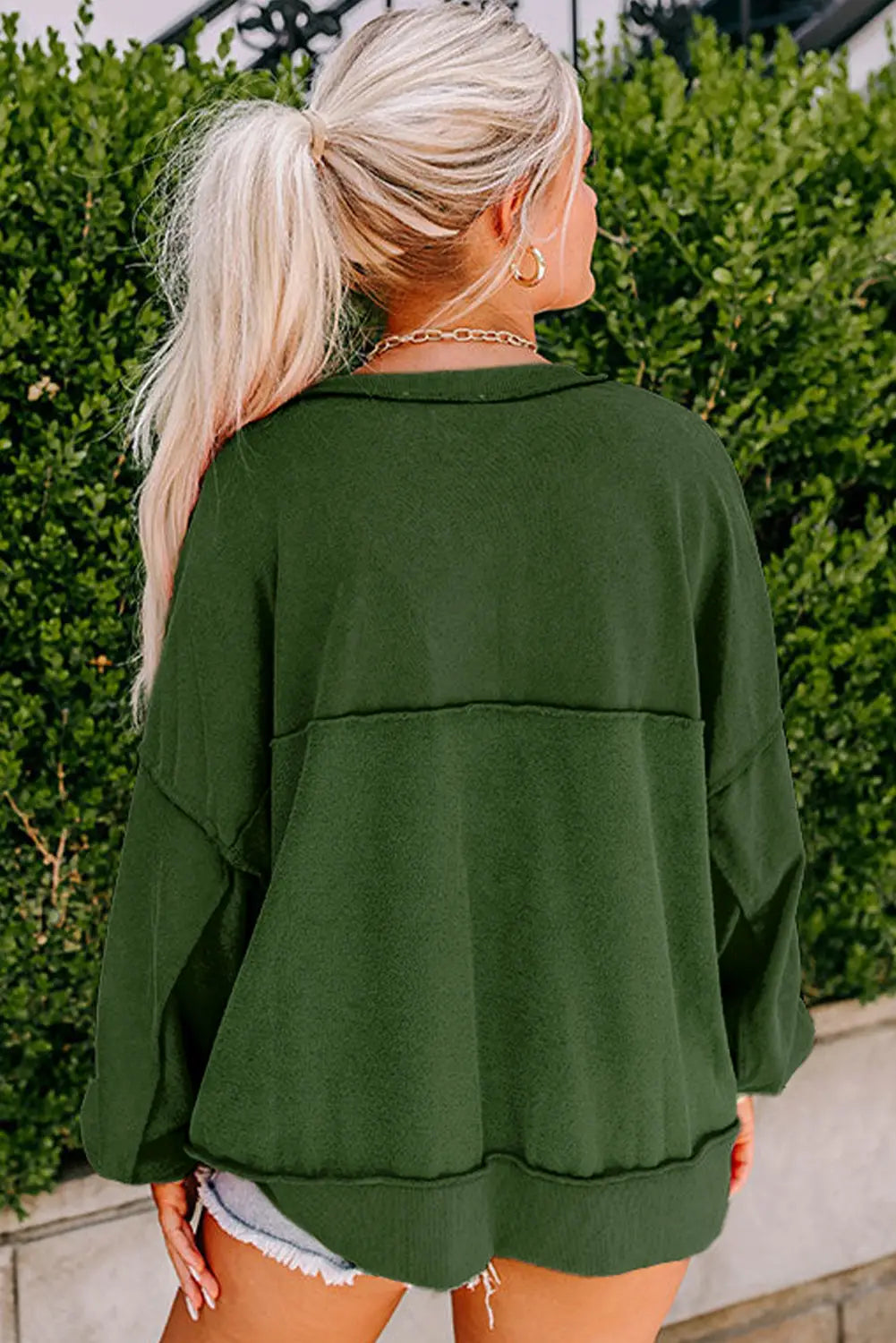 Blackish green drop shoulder henley buttons sweatshirt -