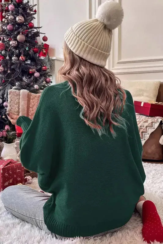 Blackish Green Embroidered High Neck Merry Sweater - Fashionfitz