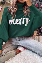 Blackish Green Embroidered High Neck Merry Sweater - Fashionfitz