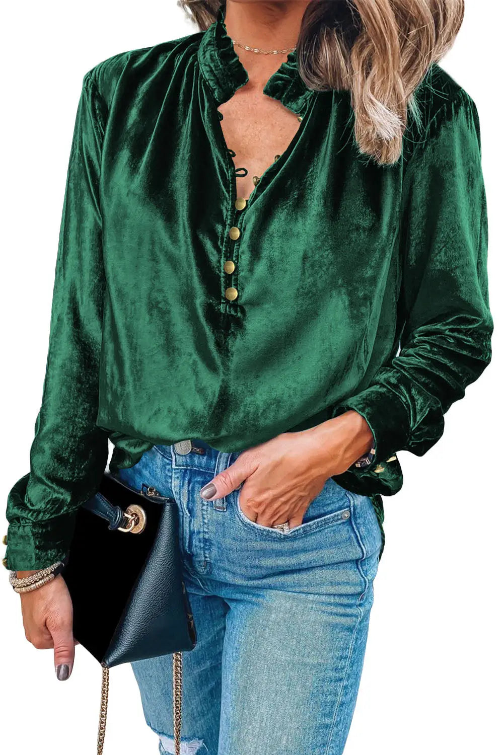 Blackish green frilled neck buttoned front velvet top - tops