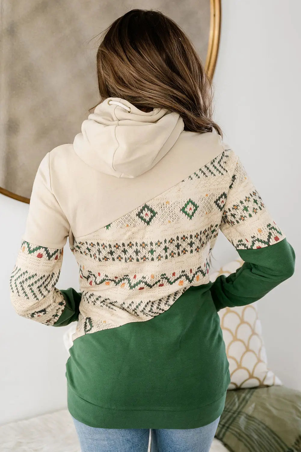 Blackish green geometric color block patchwork hoodie - sweatshirts & hoodies